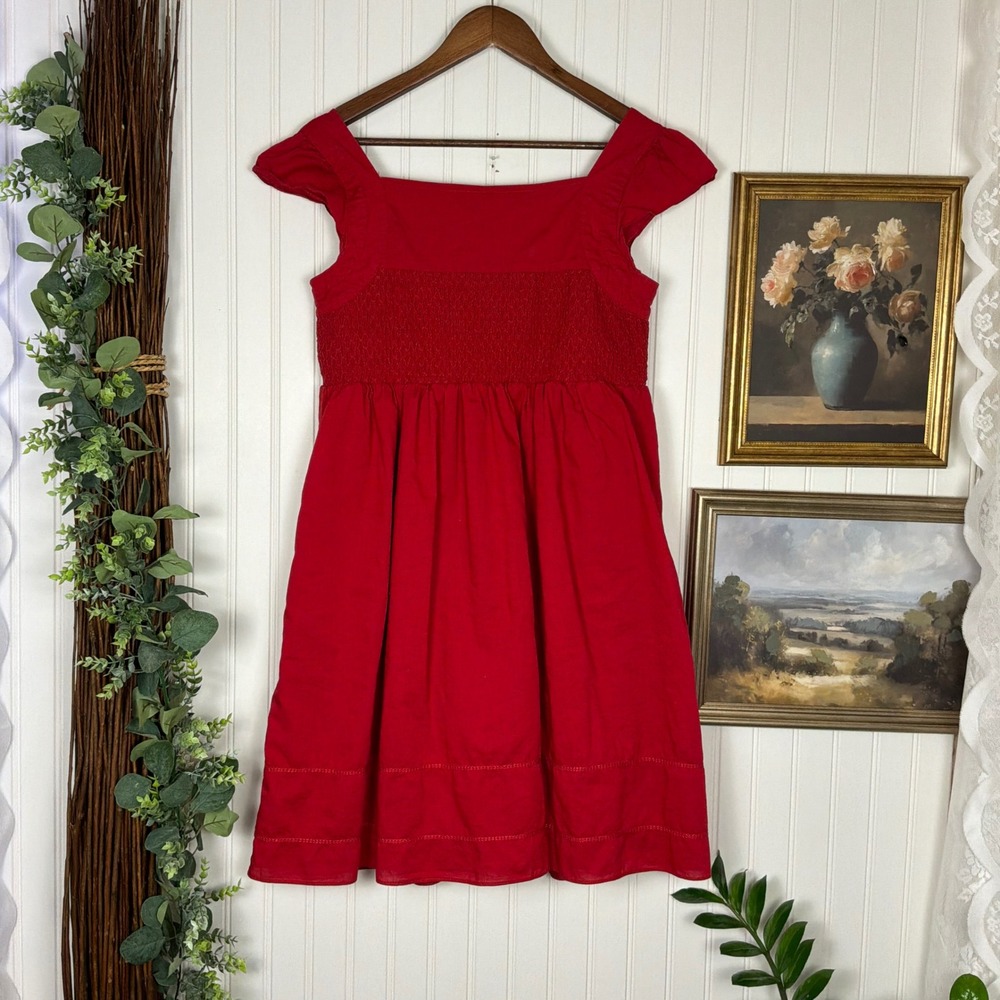 Maeve Mini Dress Womens Size 4 Red Excellent Smocked Cotton Flutter Sleeve - Picture 3 of 8
